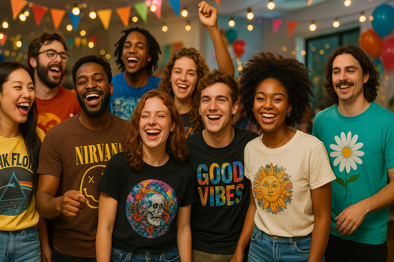 party with people wearing graphic t-shirts